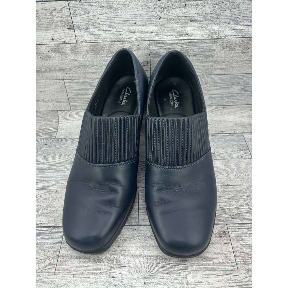 Clarks Bendables Navy Blue Leather Pleated Vamp Block Heel Pumps Shoes Women 9M
